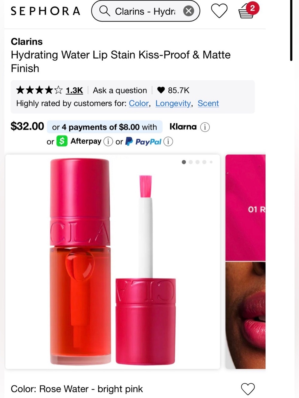 Clarins Hydrating Water Lip Stain — Bright Pink / Coral Tube